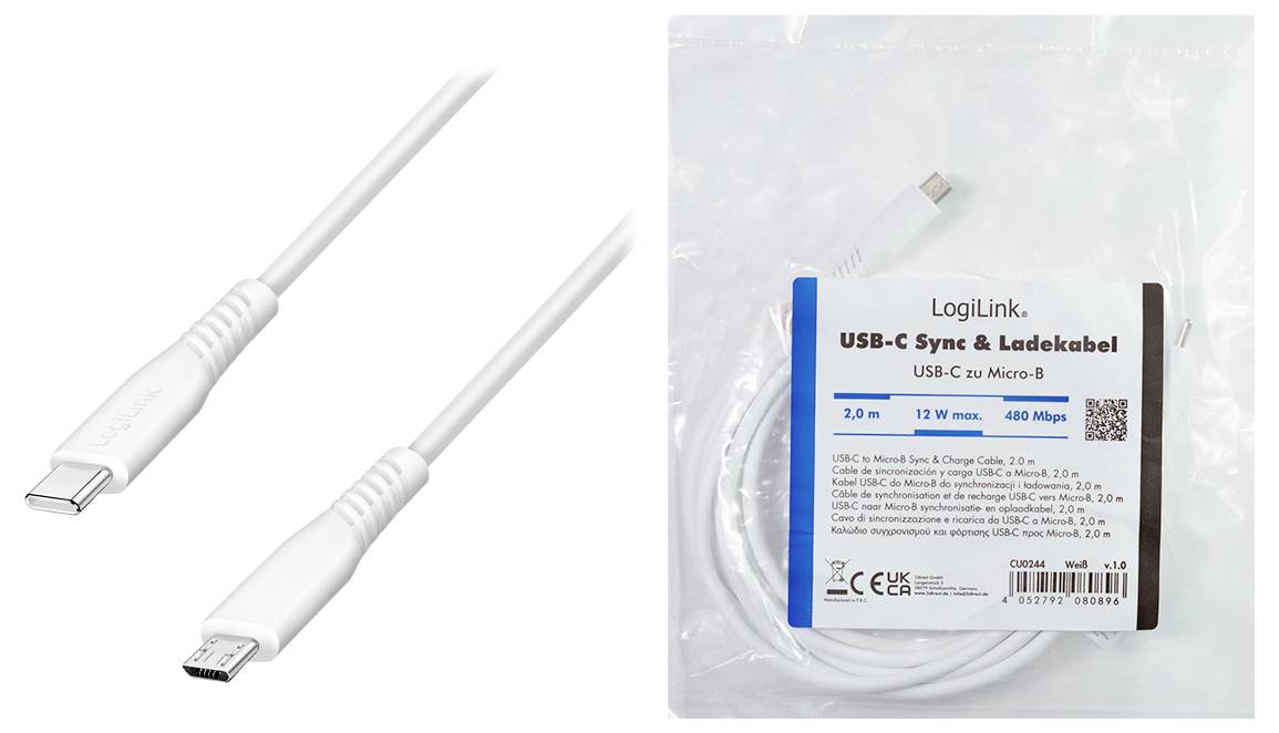 USB-C auf Micro-B Synchronisierungs- und Ladekabel, gezeigt sowohl in Nahaufnahme als auch verpackt in einer transparenten Einzelhandelstasche mit der Bezeichnung 