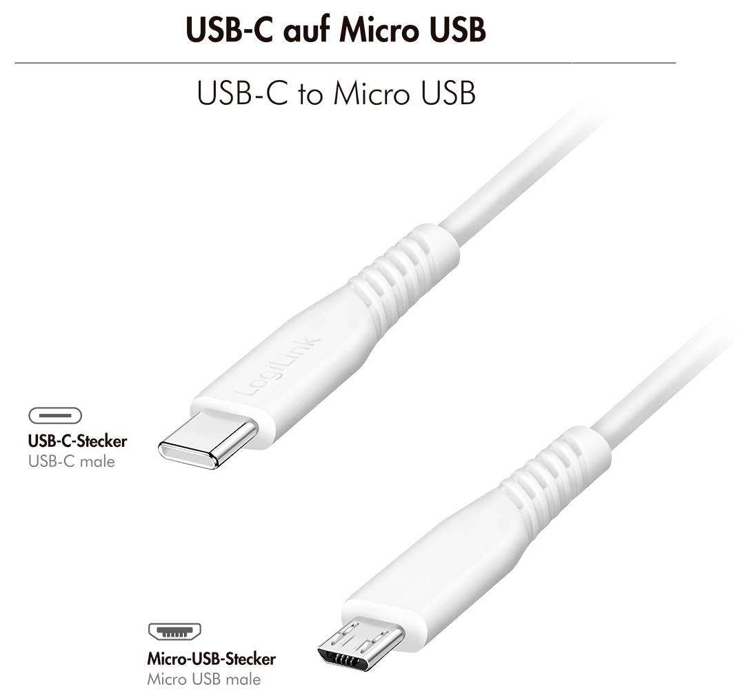 Diagram of a USB-C to Micro USB cable, showing the USB-C male connector and the Micro-USB male connector labeled in German and English.