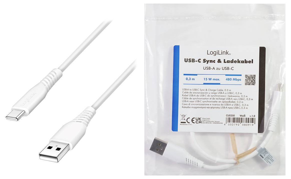 Verpacktes LogiLink USB-C Sync- und Ladekabel, USB-A zu USB-C, 1,5 m, max. 15 W, 480 Mbps, in einer durchsichtigen Plastiktüte.