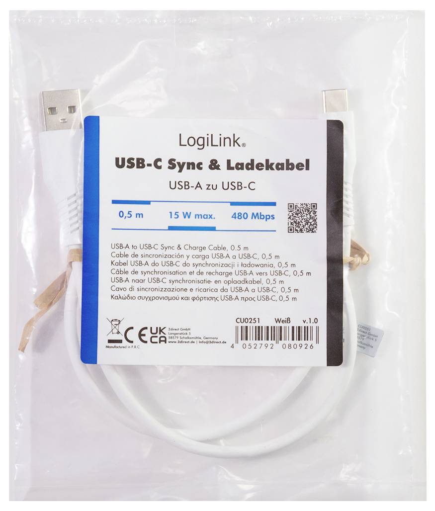 LogiLink USB-C® Kabel USB 2.0 USB-C® Stecker, USB-A Stecker 0.5m Weiß CU0251