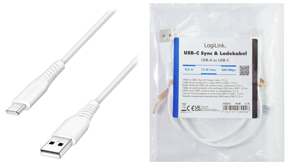 Weißes USB-A-zu-USB-C-Lade- und Synchronisierungskabel neben seiner Einzelhandelverpackung mit der Bezeichnung „USB-C Sync & Ladekabel