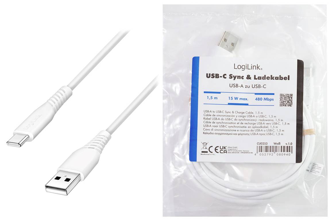 LogiLink USB-C® Kabel USB 2.0 USB-C® Stecker, USB-A Stecker 1.5m Weiß CU0253