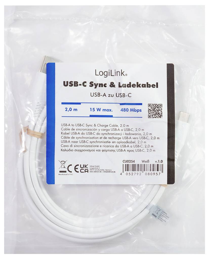 LogiLink USB-C® Kabel USB 2.0 USB-C® Stecker, USB-A Stecker 2.0m Weiß CU0254
