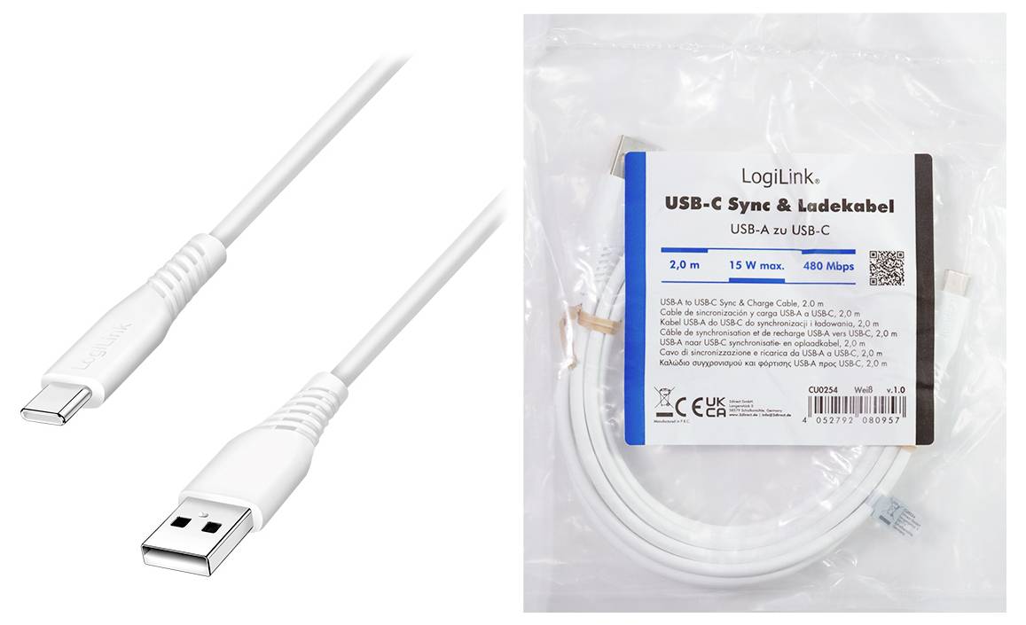 LogiLink USB-C® Kabel USB 2.0 USB-C® Stecker, USB-A Stecker 2.0m Weiß CU0254