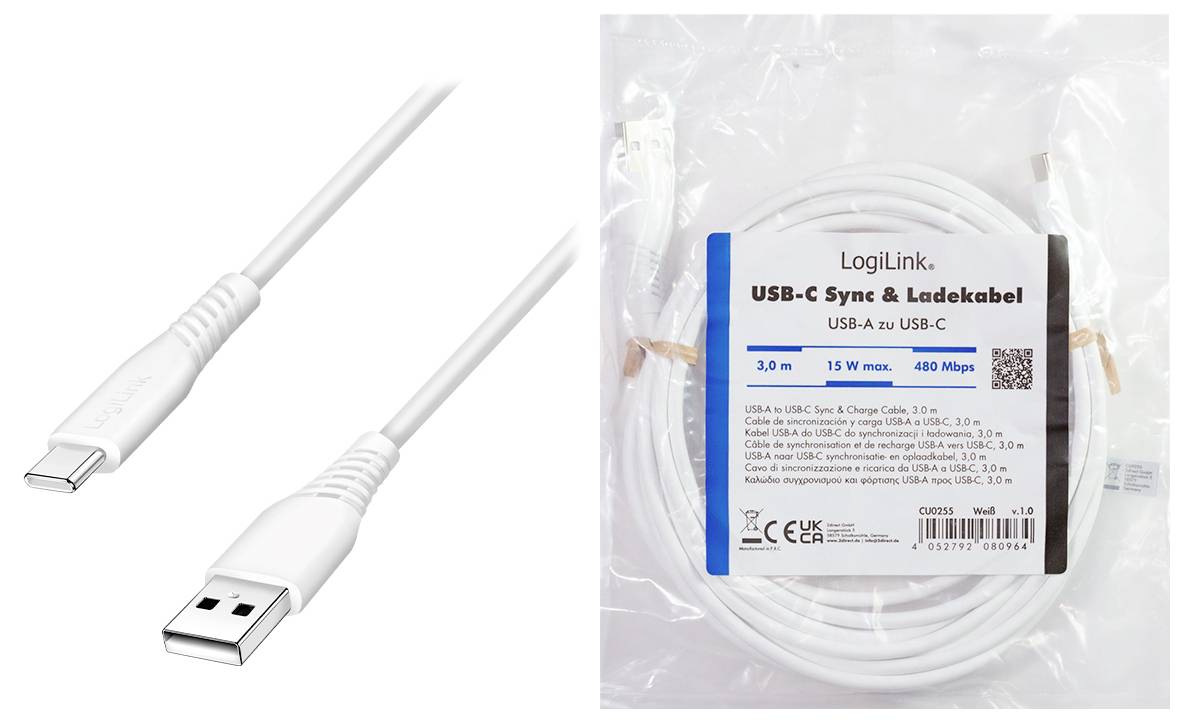 USB-C zu USB-A Lade- und Datenkabel mit aufgewickeltem Kabel in Einzelhandelsverpackung mit der Bezeichnung „LogiLink USB-C Sync & Ladekabel