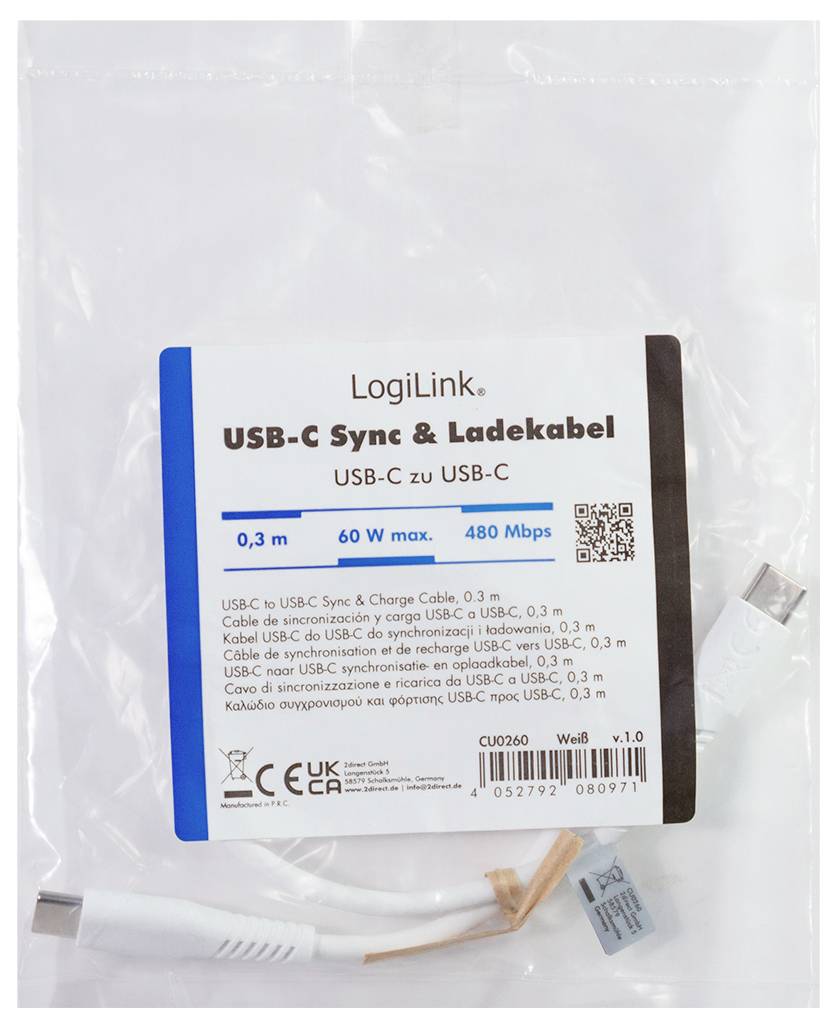 Verpacktes weißes LogiLink USB-C zu USB-C Synchronisierungs- und Ladekabel, 3,0 m, max. 60 W, 480 Mbps.