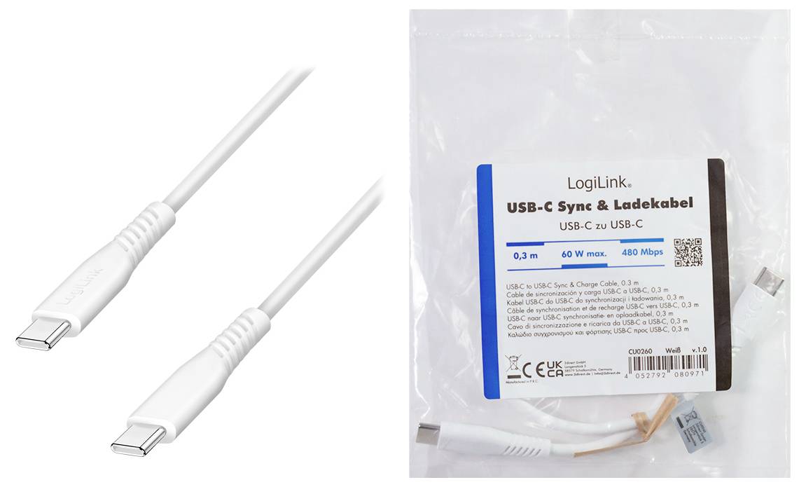 LogiLink USB-C® Kabel USB 2.0 USB-C® Stecker 0.3m Weiß CU0260