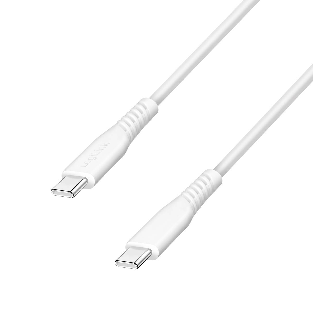 Zwei weiße USB-C-Kabelenden auf einfachem Hintergrund, diagonal angeordnet mit sichtbaren Metallkonnektoren.