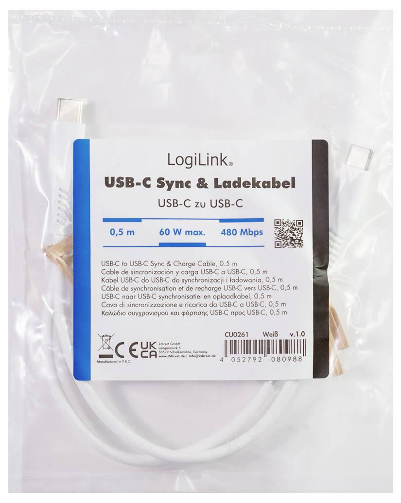 Paket des LogiLink USB-C Sync- & Ladekabels, USB-C auf USB-C, 0,5 m, max. 60 W, 480 Mbps.