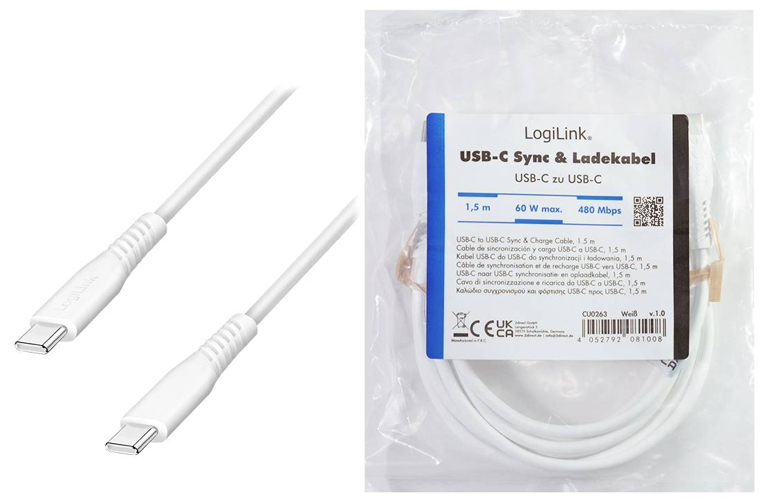 USB-C zu USB-C Ladekabel, ungestöpselt auf weißem Hintergrund dargestellt, mit verpacktem Produkt auf der rechten Seite, gekennzeichnet mit „LogiLink
