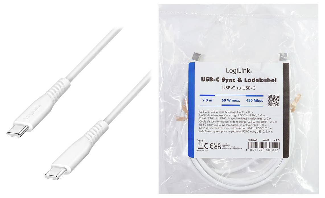 Weißes USB-C-auf-USB-C-Kabel, dargestellt mit aufgewickeltem Kabel in Verpackung mit der Aufschrift „LogiLink USB-C Sync & Ladekabel