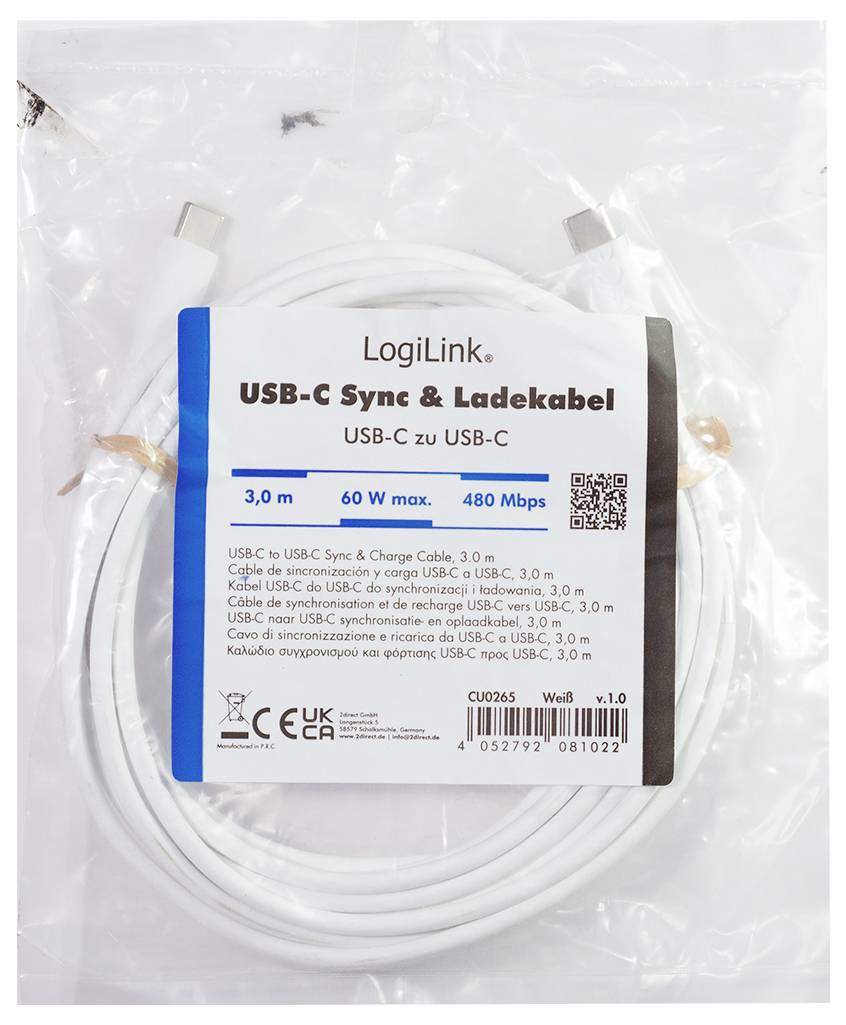 LogiLink USB-C® Kabel USB 2.0 USB-C® Stecker 3.0m Weiß CU0265