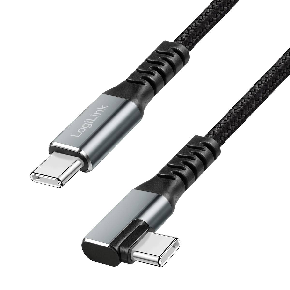 Zwei Schrägansichten eines Logitech USB-C-Kabels mit geflochtener schwarzer Ummantelung und metallischen Steckverbindern auf weißem Hintergrund.