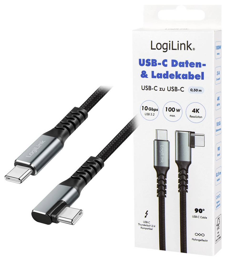 LogiLink USB-C zu USB-C Lade-/Datenkabel Paket, 0,5 m, 10 Gbps USB 3.2, max. 100 W, 4K-Auflösung, mit abgewinkelter Steckerdarstellung.