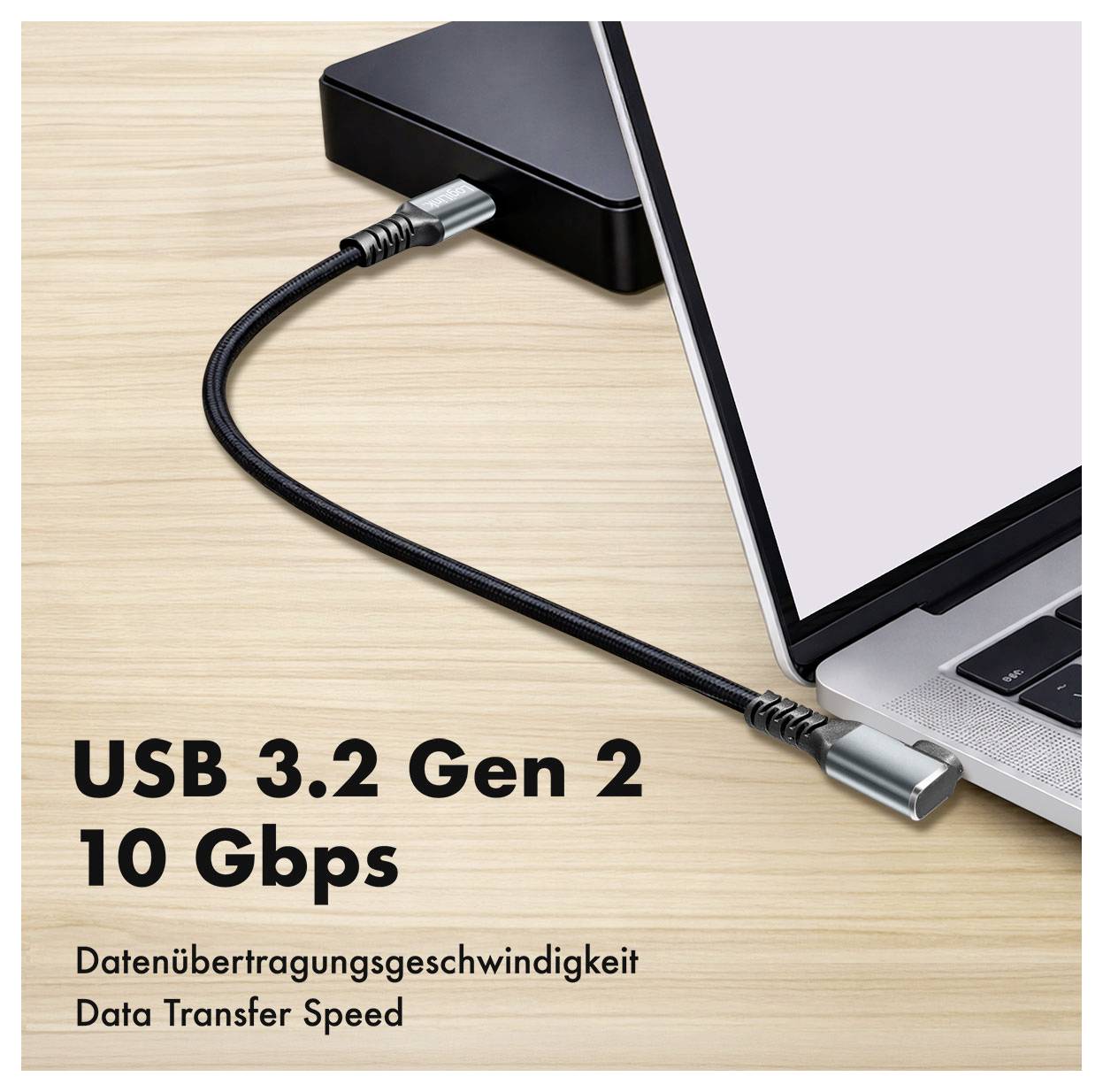 USB-C zu USB-A Lade- und Synchronisierungskabel in Weiß dargestellt, mit Produktetikett in der Verpackung mit der Aufschrift „LogiLink USB-C Sync & Ladekabel