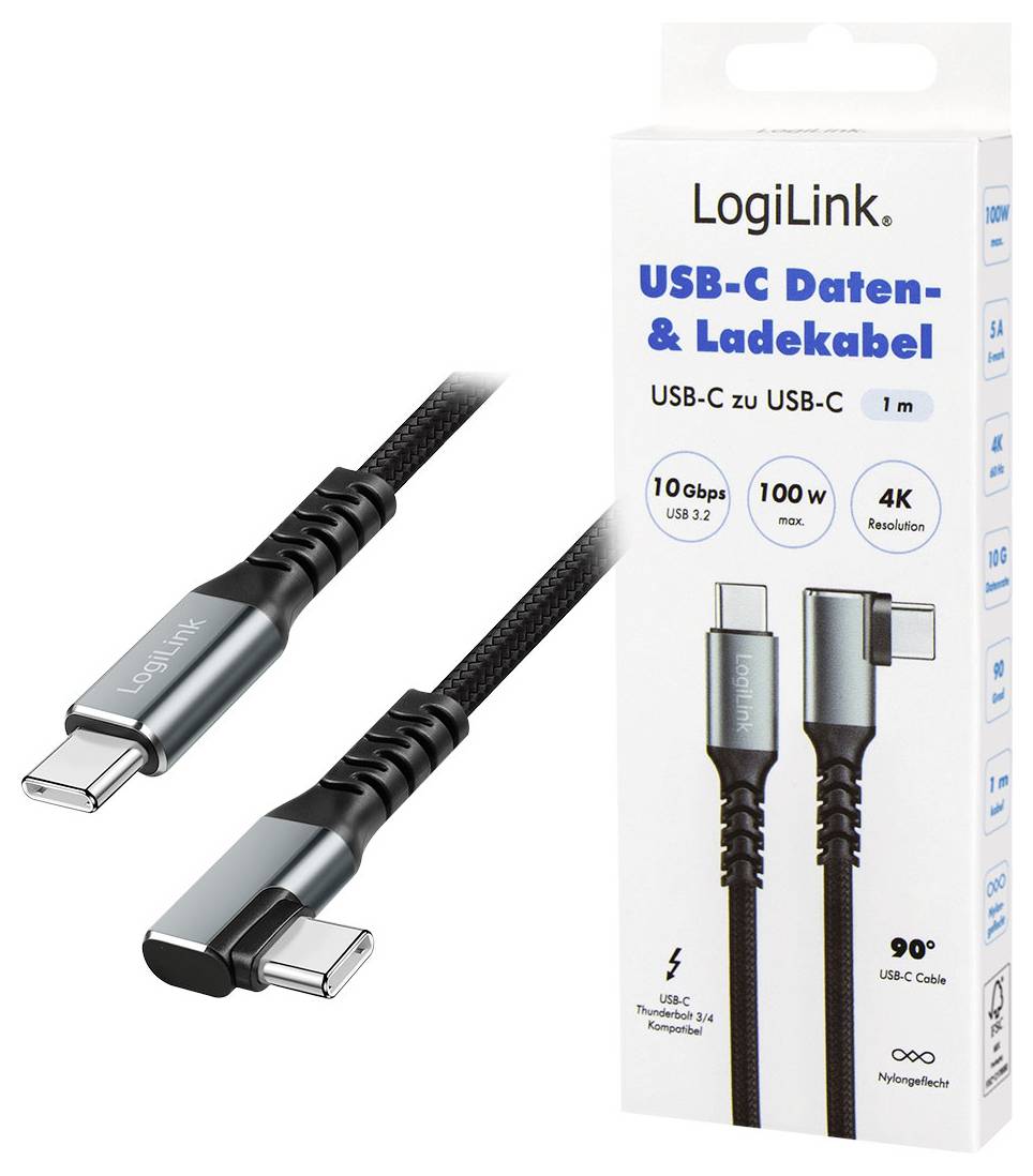 LogiLink USB-C® Kabel USB 3.2 Gen2 USB-C® Stecker 1.0m Schwarz 90° nach rechts gewinkelt CU0271