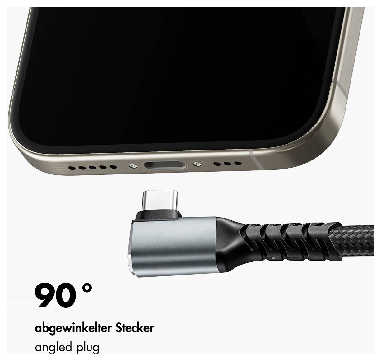 Abbildung eines Smartphones und eines um 90 Grad abgewinkelten USB-C-Steckers, gekennzeichnet mit „abgewinkelter Stecker