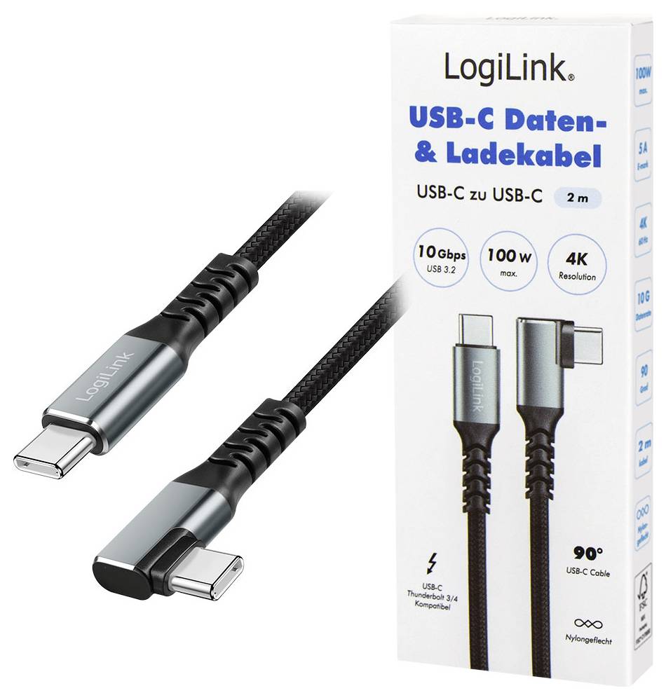 Produktabbildung eines LogiLink USB-C zu USB-C Lade- und Datenkabels, 2 m lang, mit Unterstützung für 10 Gbps, 100 W und 4K-Auflösung, dargestellt mit Einzelhandelverpackung.