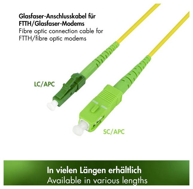 Glasfaserkabelverbindung für FTTH/Glasfasermodems, mit LC/APC- und SC/APC-Steckverbindern; in verschiedenen Längen erhältlich.