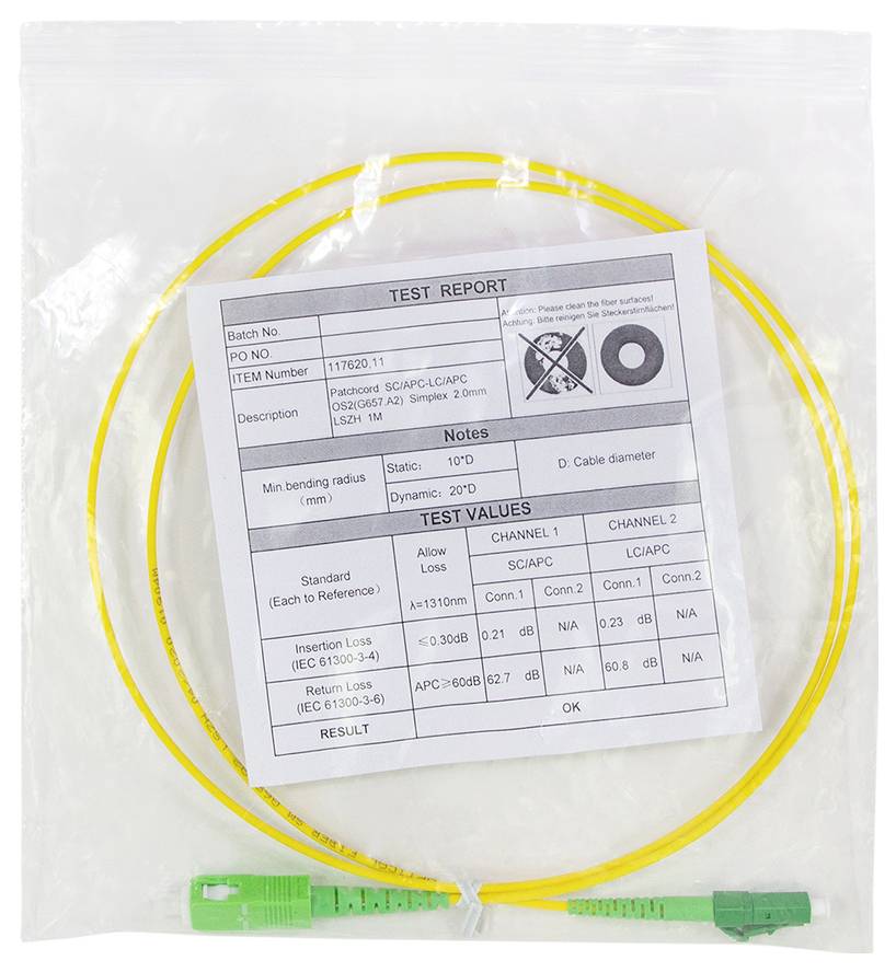 Gelbes Glasfaserkabel mit grünen Steckverbindern in Verpackung, gekennzeichnet mit einem „TESTBERICHT
