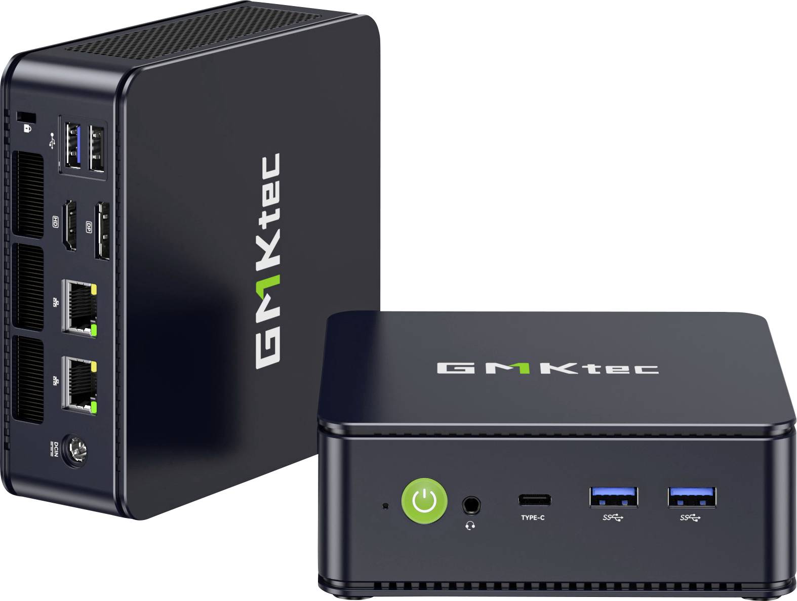 Gmktec Mini-PC in zwei Ansichten dargestellt, wobei Front- und Rückseitenanschlüsse hervorgehoben werden, einschließlich Ein-/Ausschalter, USB-C, USB-A, Ethernet und Audiobuchse.