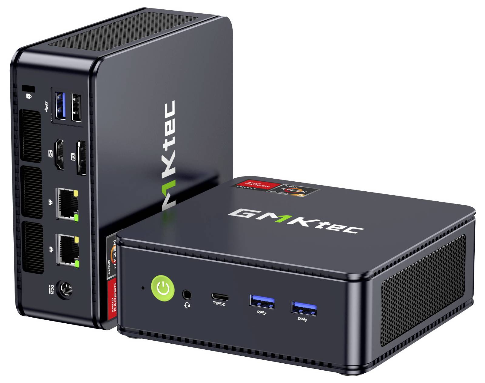 Zwei schwarze MINISFORUM Mini-PCs, einer aufrecht und einer horizontal, zeigen Front- und Rückseiten mit USB-, HDMI-, Ethernet- und Power-Button-Anschlüssen.