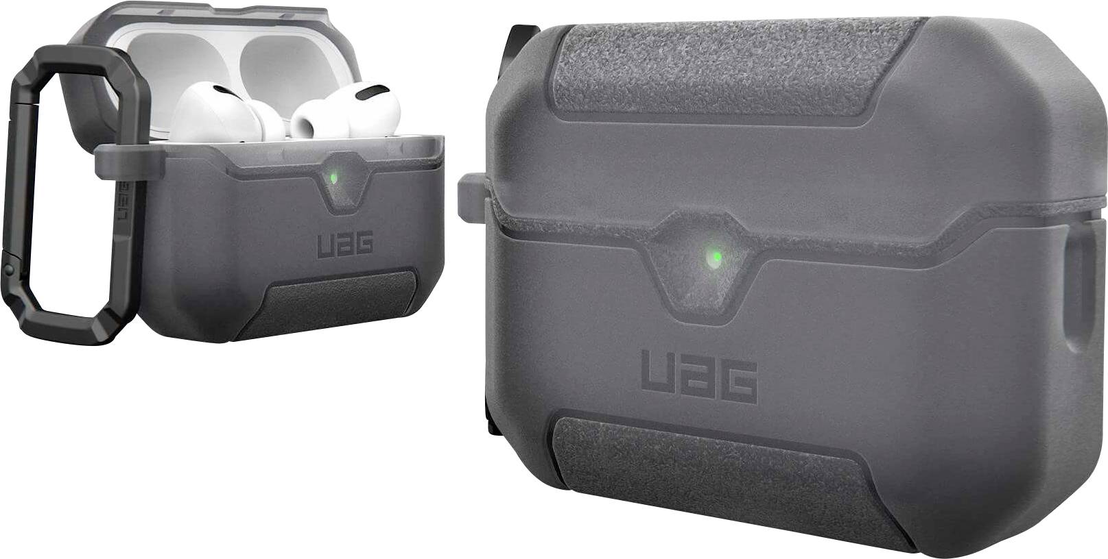 Kabellose Ohrhörer in einem robusten UAG-Ladeetui, geöffnet dargestellt mit Ohrhörern im Inneren und geschlossen mit einer grünen Anzeigelampe.