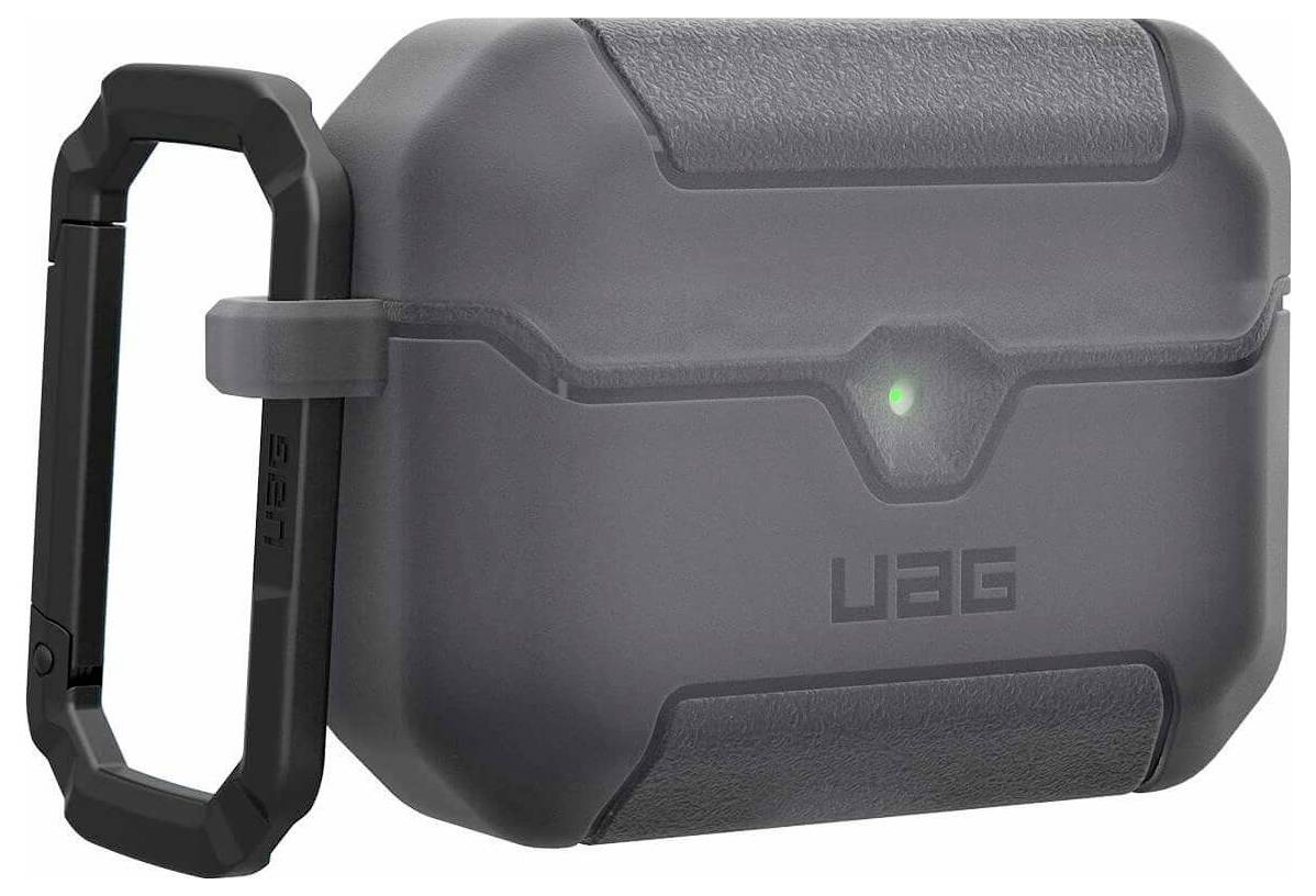 Graue UAG-Schutzhülle mit schwarzem Clip-Style-Karabiner und einer kleinen grünen Kontrollleuchte an der Vorderseite.