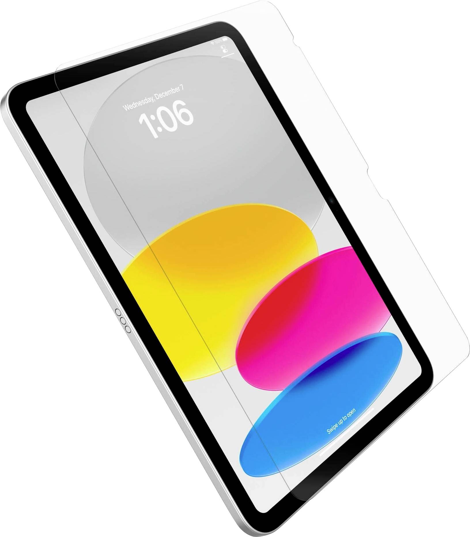 Ein geneigtes Tablet mit einer klaren Schutzhulle, auf dem Bildschirm ein buntes abstraktes Hintergrundbild.