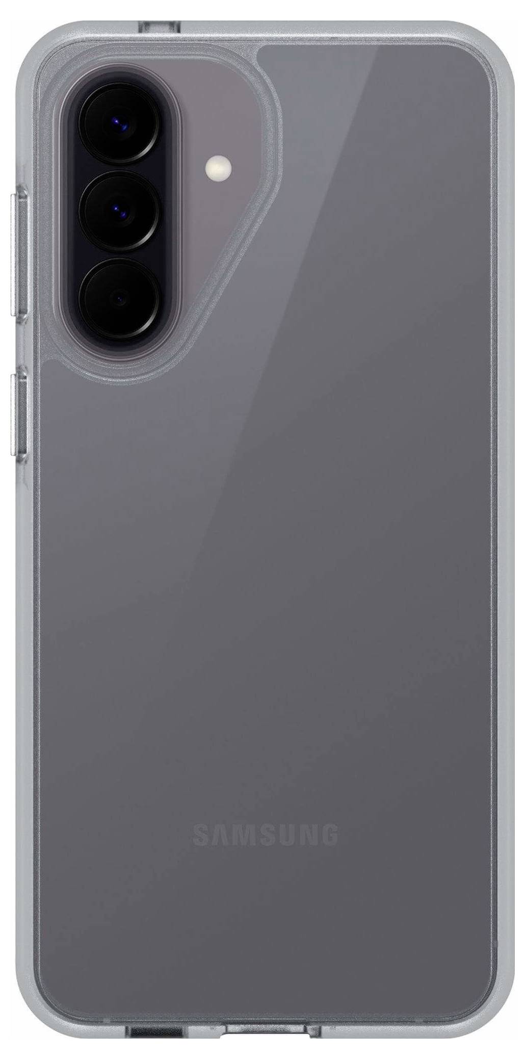 Transparente Schutzhülle auf einem Samsung-Smartphone, das das hintere Triple-Kamera-Modul und das Blitzlicht zeigt.