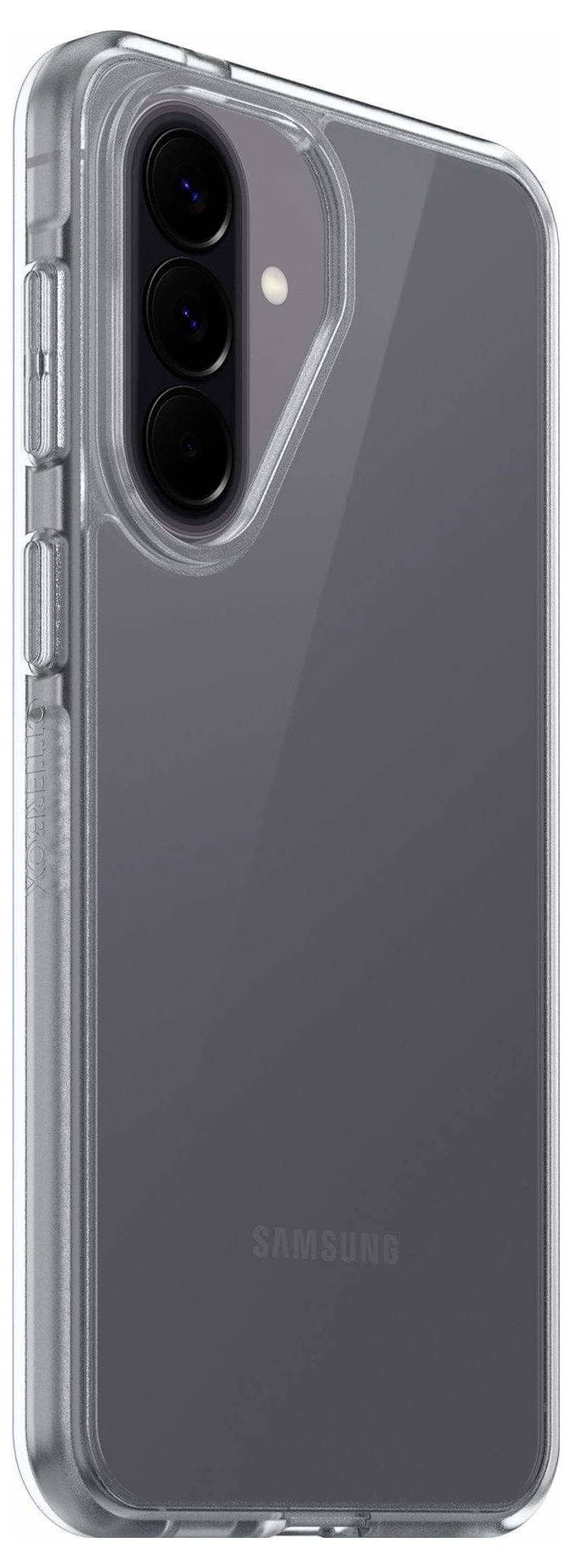 Durchsichtige Schutzhülle auf der Rückseite eines Samsung-Smartphones, die die erhabene Dreifach-Kamera-Aussparung und die Blitzöffnung zeigt.