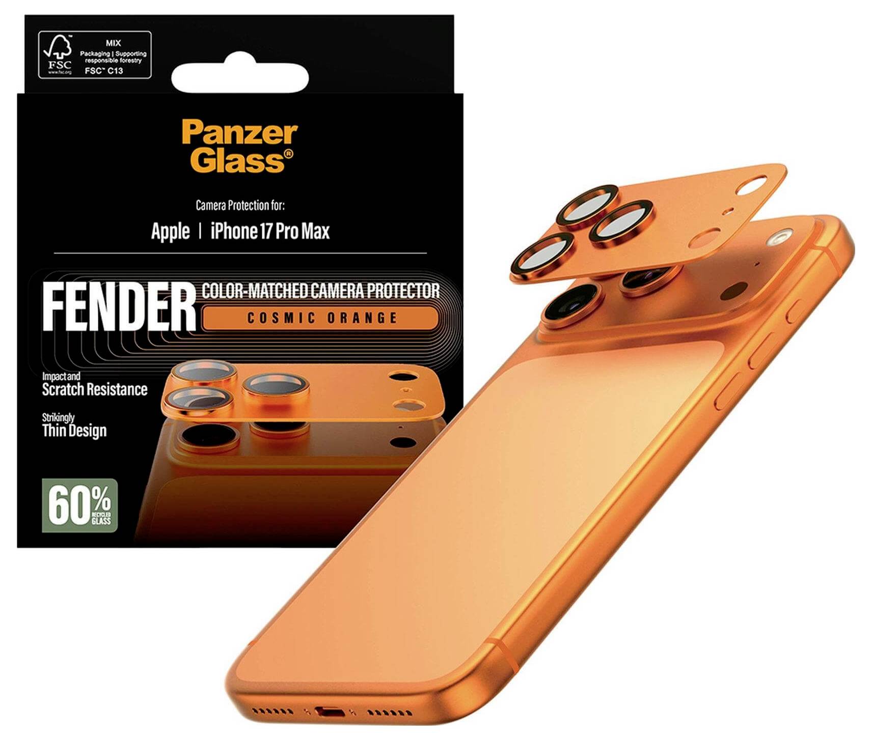 PanzerGlass Fender-Kamerabeschützer mit Farbanpassung für iPhone 17 Pro Max in Cosmic Orange, gezeigt mit orangefarbenem Telefon und Kameraobjektivschutz.