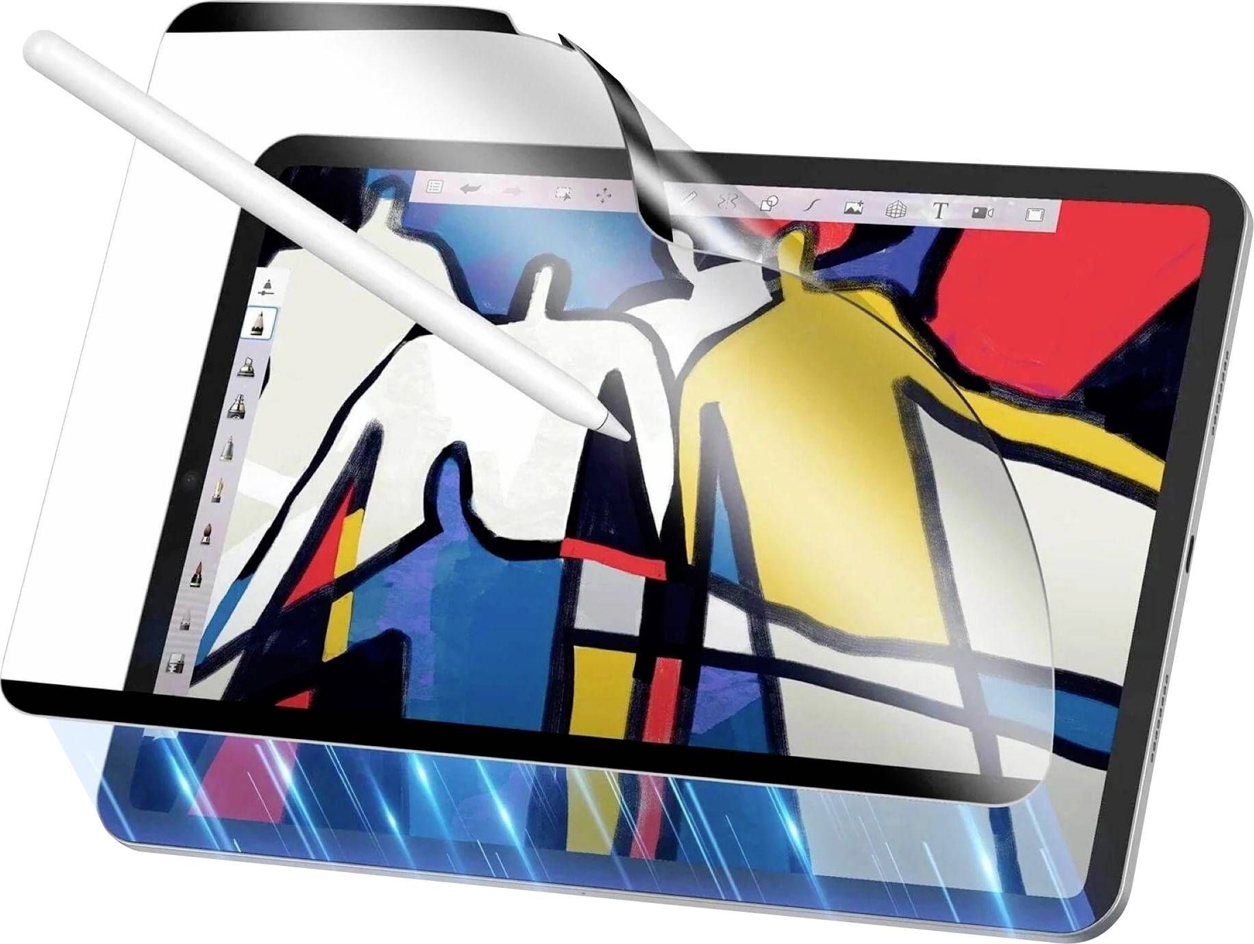 Ein Eingabestift bearbeitet ein farbenfrohes abstraktes Gemälde auf einem Tablet-Bildschirm und deutet auf digitales Zeichnen oder Grafikdesign hin.