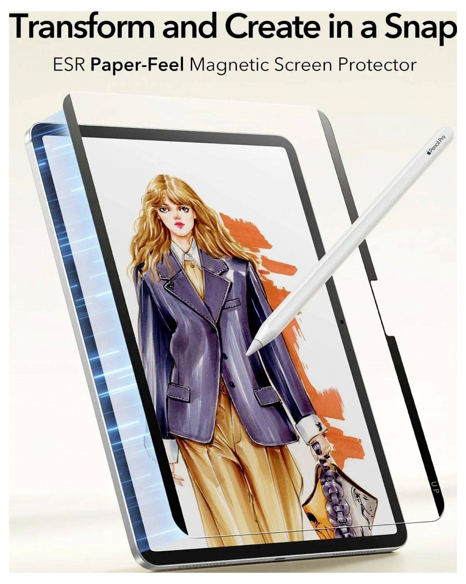 Werbebild einer ESR Papierstruktur Magnetischer Displayschutz auf einem Tablet, das einen Stift zeigt, der auf dem Bildschirm zeichnet, mit dem Text „Transformieren und Schaffen in einem Moment
