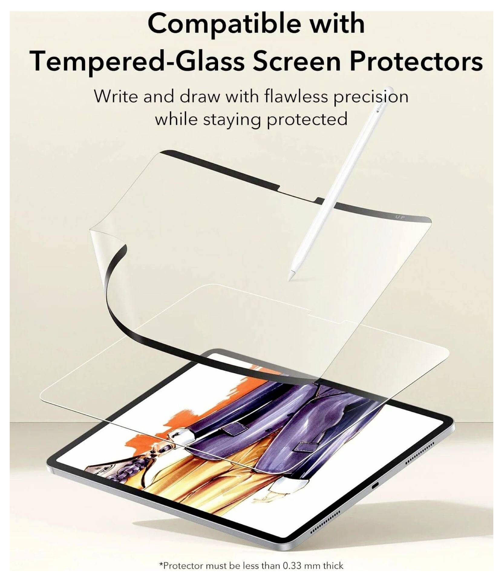 In der Anzeige ist ein Tablet mit Stylus und angehobenem gehärtetem Displayschutz zu sehen, mit den Aufschriften „Kompatibel mit gehärteten Displayschutzfolien