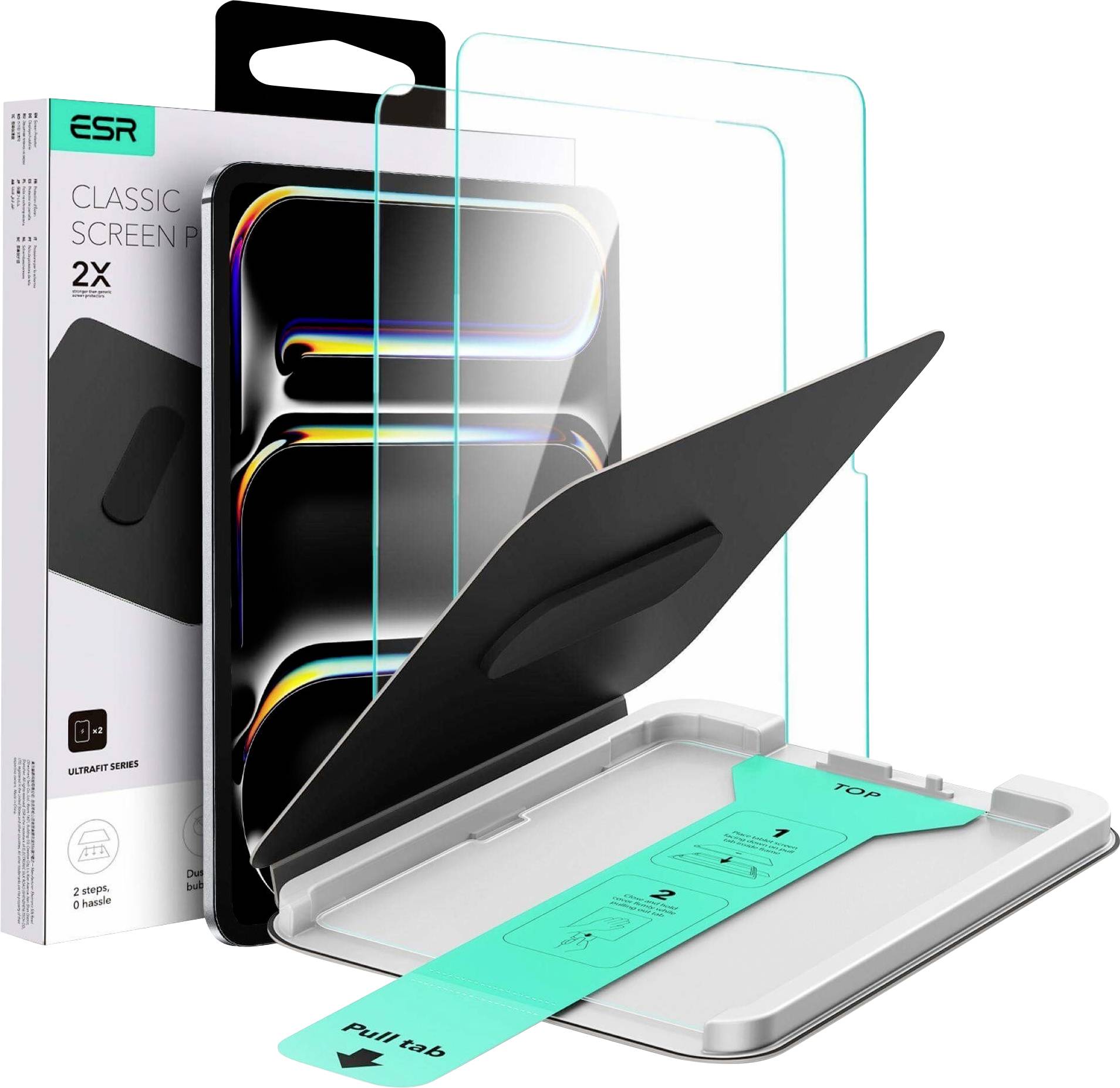 ESR-Displayschutzfolien-Set mit zwei Glasprotektoren, einem Installationstablett und einer Lasche zum Abziehen auf der Verpackung.