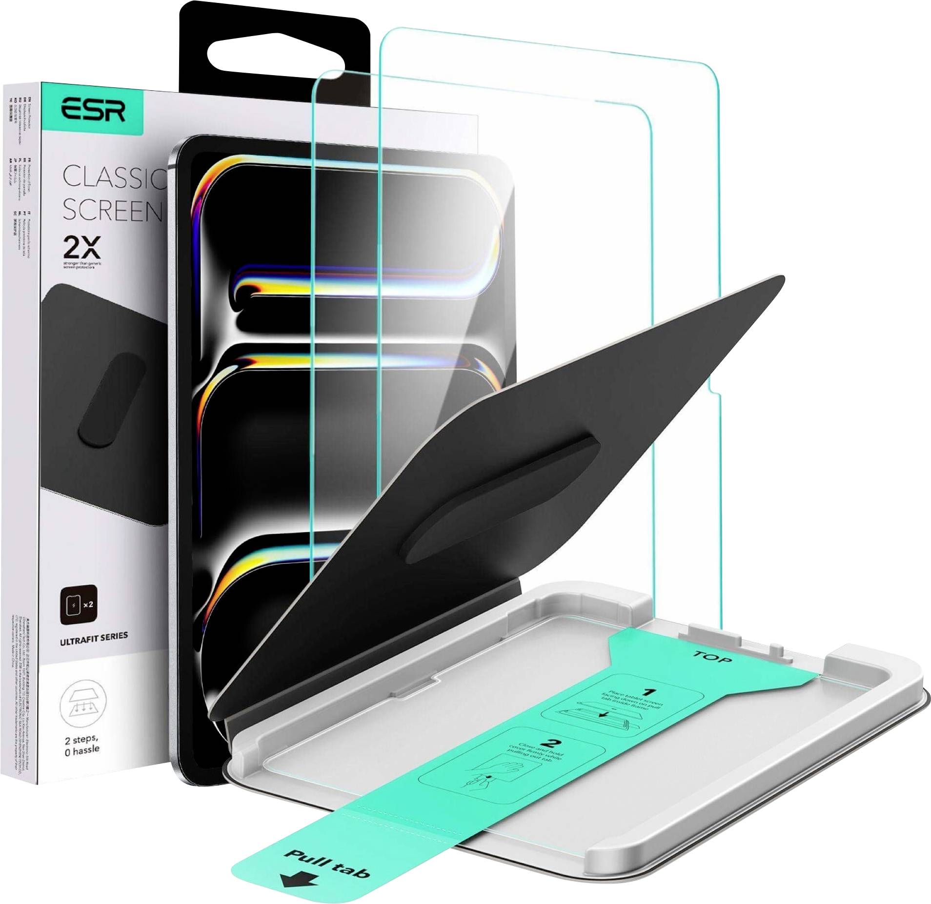 ESR-Displayschutzfolie-Set mit zwei Glasschutzfolien, einem Installationstablett und einer Ausrichtungshilfe in Originalgröße, mit Produktverpackung mit der Bezeichnung 