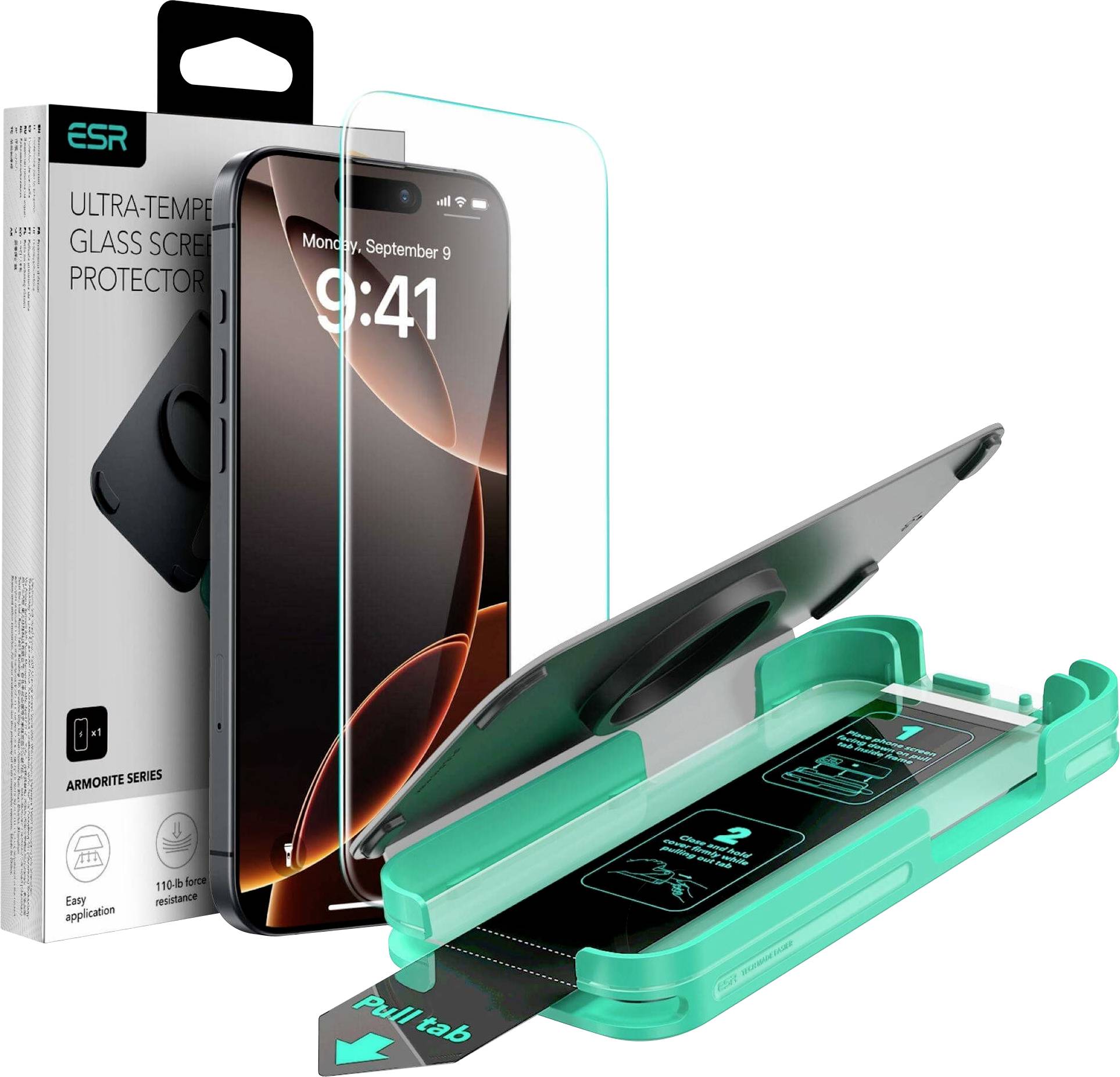ESR Ultra gehärtete Glasschutzfolie für iPhone, gezeigt mit Verpackung, Telefon und Installationstablett zum Anbringen der Schutzfolie.