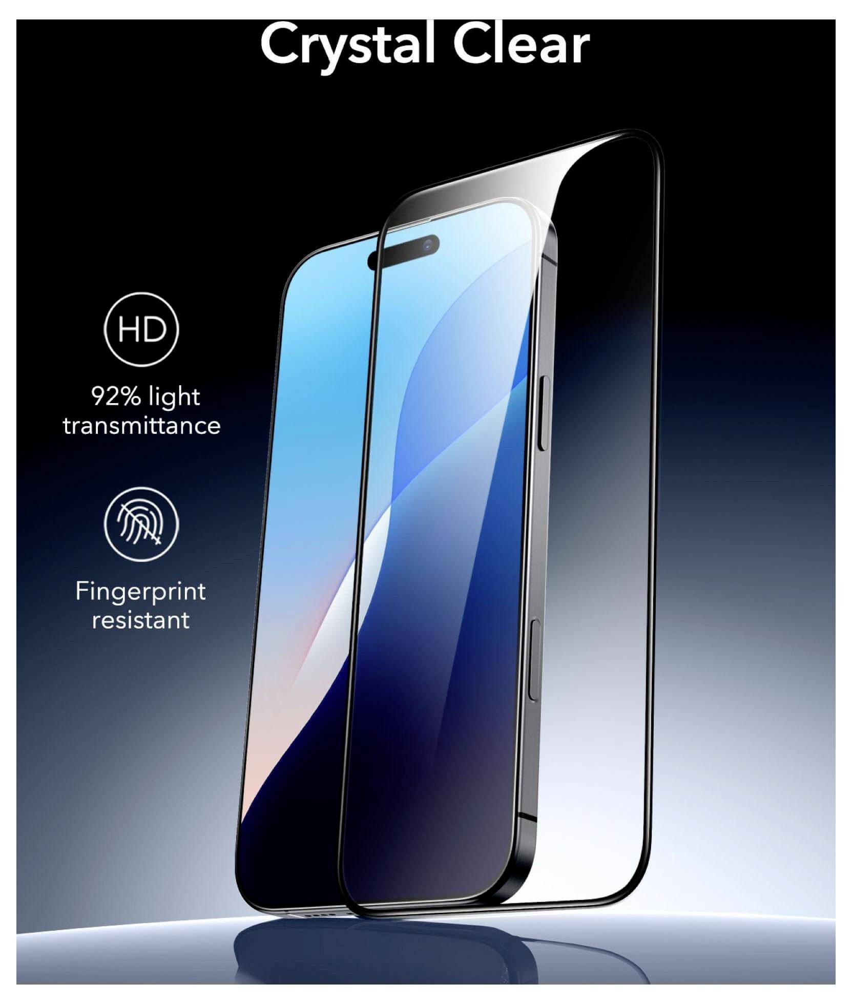 Werbe-Grafik eines Smartphone-Displayschutzes mit der Bezeichnung „Crystal Clear