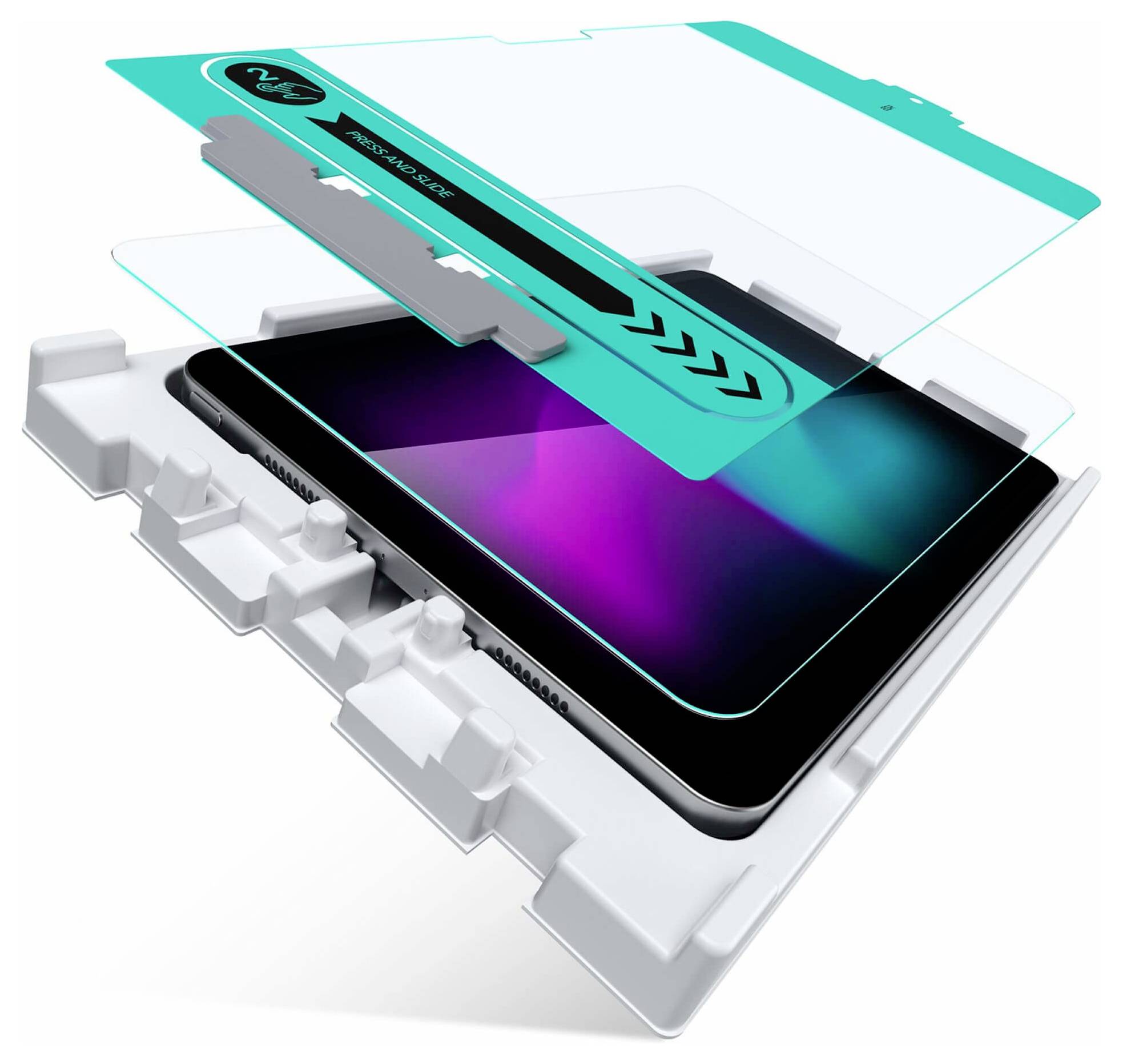 Explodierte Ansicht eines Displayschutzes für ein Smartphone, der auf ein Telefon aufgebracht wird, mit geschichteten Glas, Klebstoff und Ausrichtungsrahmen.