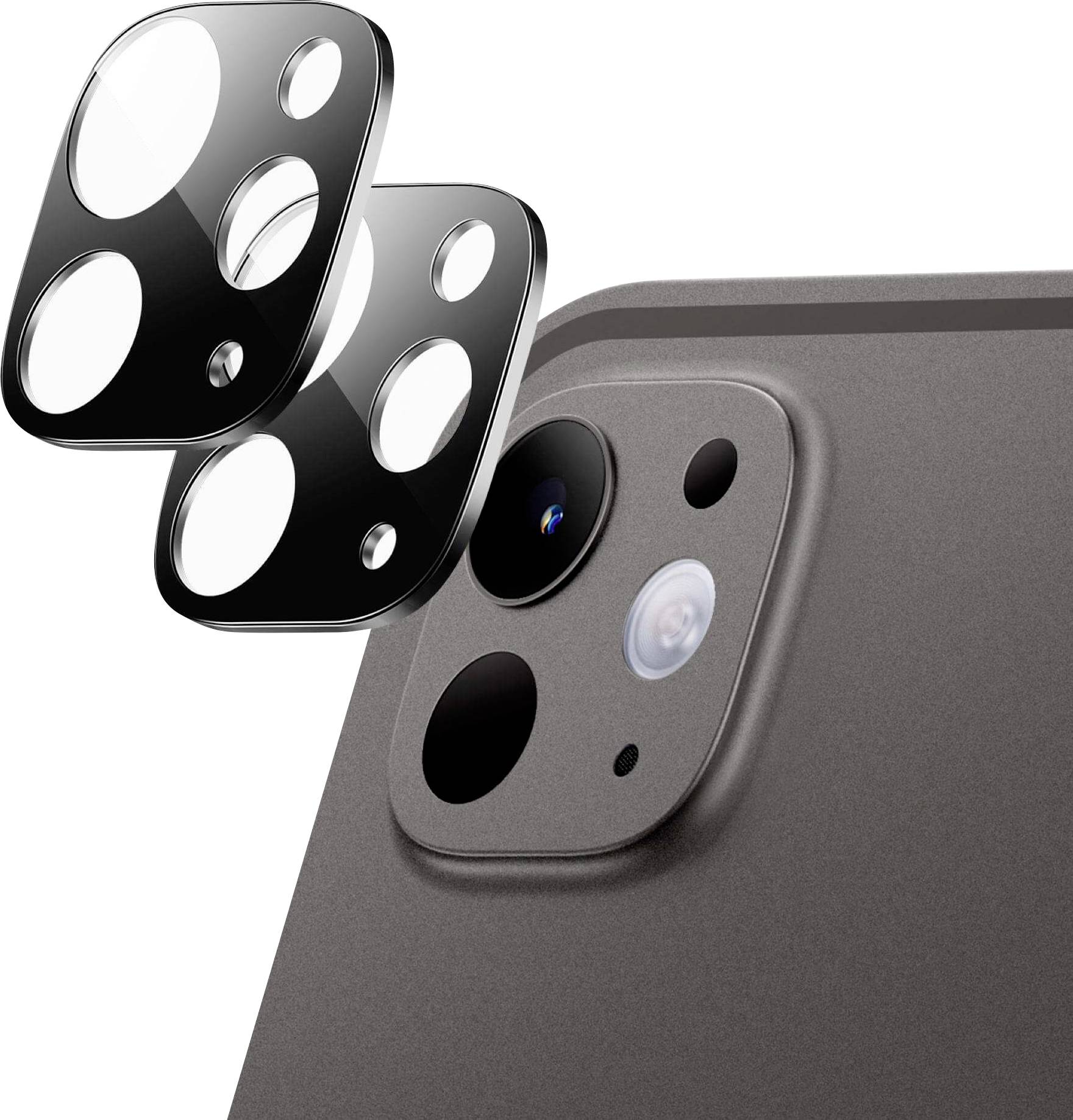 Explodierte Nahaufnahme eines Smartphone-Rückkamera-Moduls mit zwei über dem Telefon angeordneten Objektivschutzschichten, die das Triple-Kamera-Setup und das Blitzlicht hervorheben.