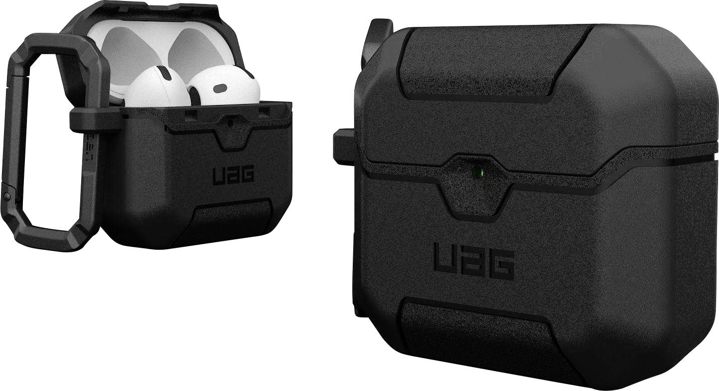 Schwarzes UAG AirPods-ähnliches Etui mit robustem Karabinerhaken, links geöffnet mit Ohrhörern und rechts geschlossen dargestellt.