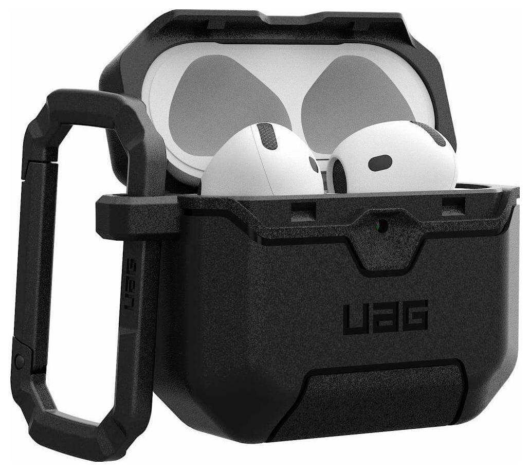 Schwarzes UAG-Schutzetui für kabellose Ohrhörer, offen mit Ohrhörern im Inneren und einem großen Karabinerhaken an der Seite befestigt.