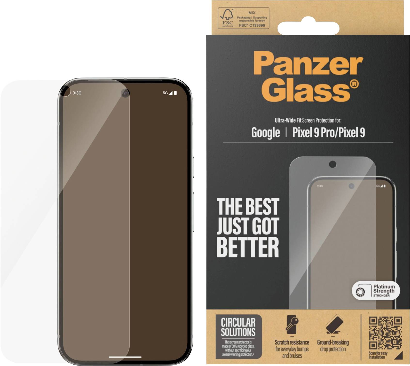 Produktbild eines PanzerGlass-Displayschutzes für Google Pixel 9 Pro/Pixel 9, das ein Telefon mit angebrachtem Schutz und einer Verpackung zeigt, auf der 