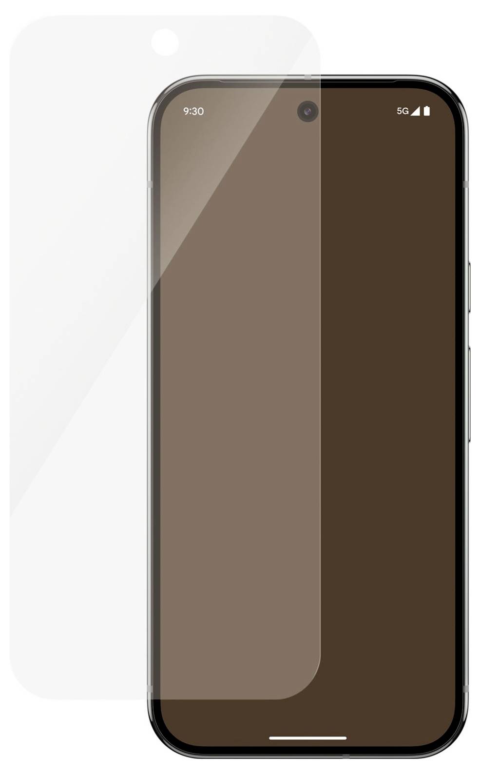 Vorderansicht eines Smartphones mit einer transparenten Schutzschicht-Overlay und zentriertem Kameraausschnitt, dargestellt auf einem einfachen Hintergrund.