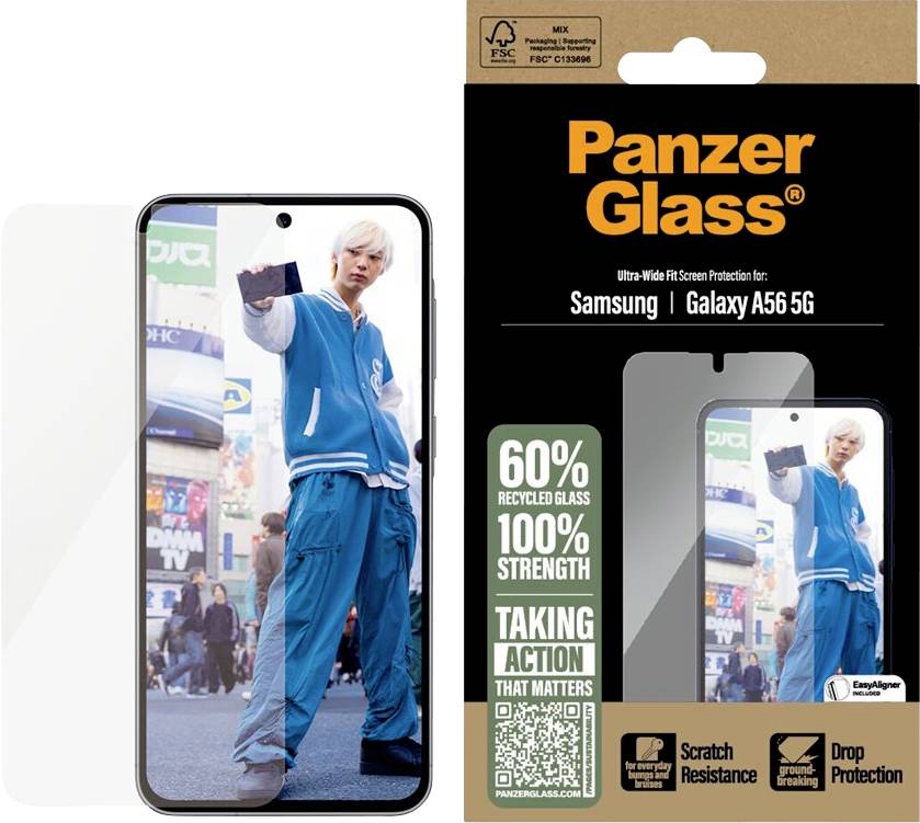 PanzerGlass Displayschutzfolie Verpackung für Samsung Galaxy A56 5G, zeigt ein Telefon mit einer Schutzfolie und Angaben von 60% recyceltem Glas, 100% Festigkeit, Kratzerresistenz und Sturzschutz.