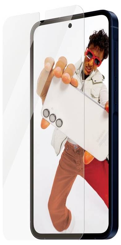 Person in red Sonnenbrille posiert hinter einem Smartphone, greifen Sie zur Kamera, was auf eine Telefonwerbung oder Promobild hindeutet.