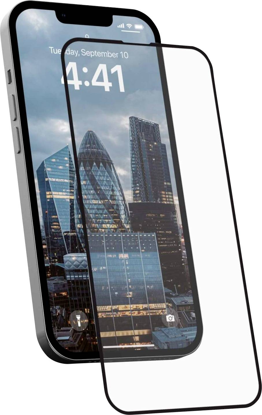 Ein Smartphone mit einer Stadtsilhouette auf dem Bildschirm und einem separaten Glaschutzfolien-Schutzglas, das davor gezeigt wird, um den Geräteschutz zu illustrieren.
