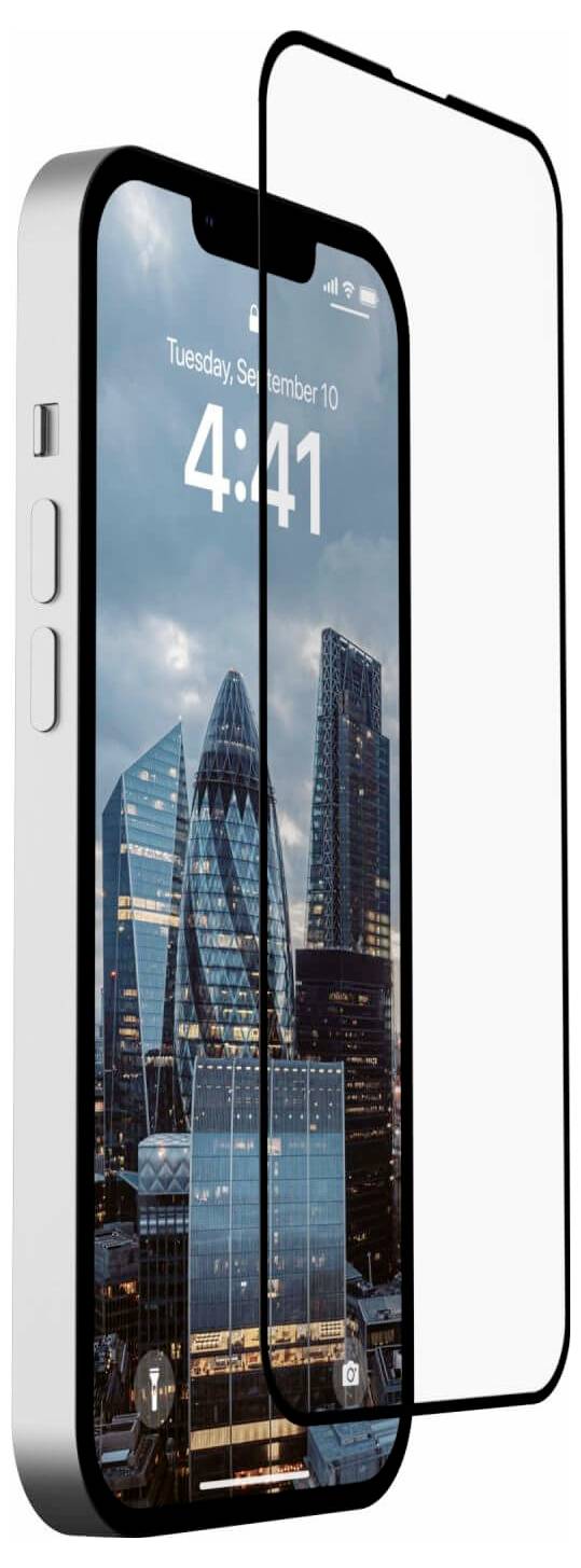 Ein Smartphone mit einem vollflächigen Schutzglasbildschirmschutz, der über dem Display ausgerichtet ist und einen Sperrbildschirm mit Stadtskyline um 4:41 anzeigt.