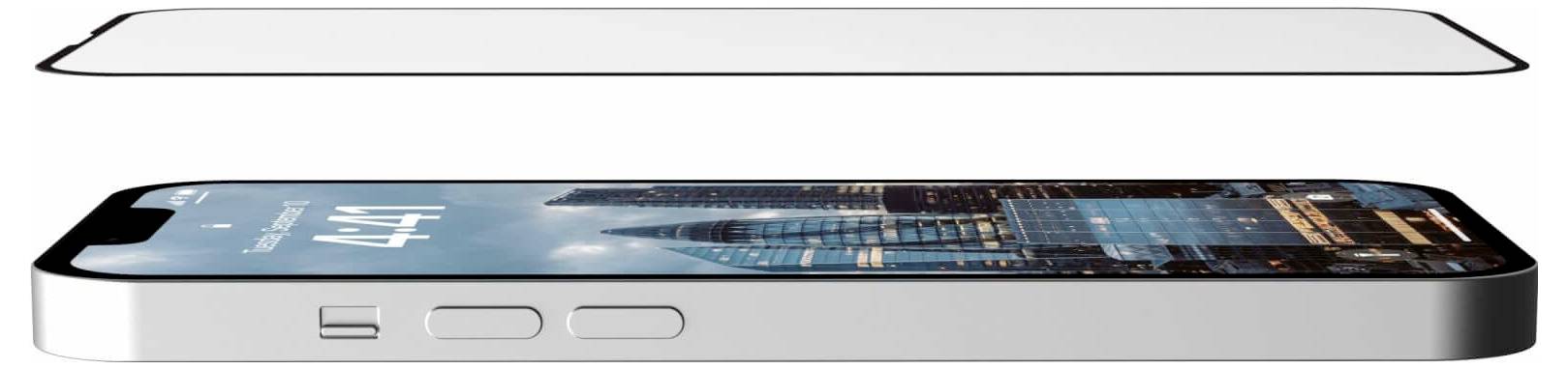 Explodierte Ansicht eines Smartphones mit separatem Frontbildschirm und Seitenprofil, auf dem Tasten und Anschlüsse vom Gehäuse getrennt dargestellt sind.